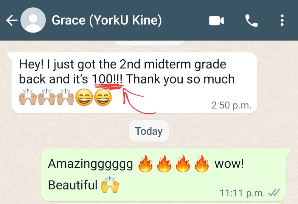 Grace — 100 on midterm